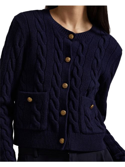 Cardigan da donna in lana misto cashmere con lavorazione a trecce, bottoni logati, colore blu navy POLO RALPH LAUREN | 211978312501